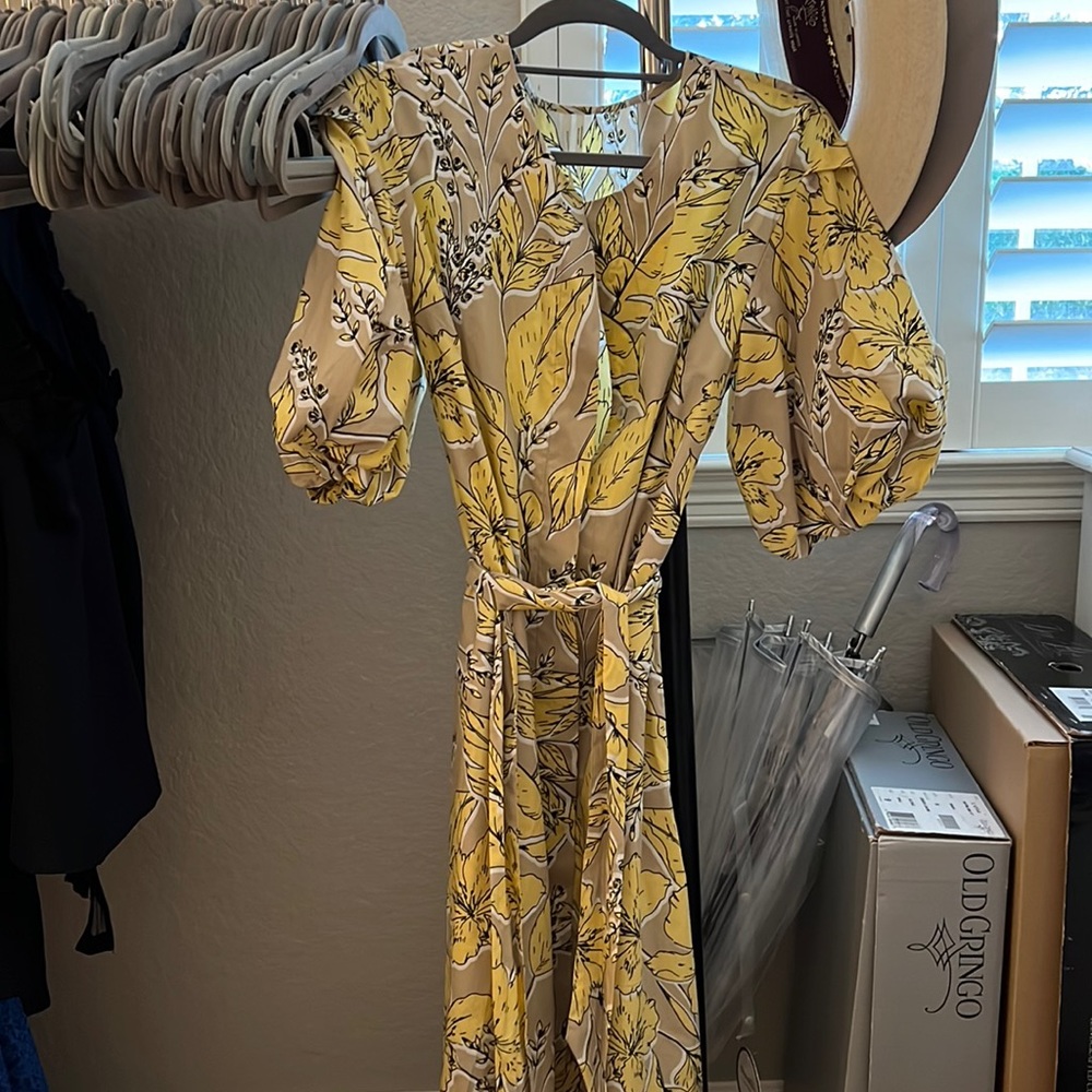Yellow and brown printed Anthropologie midi dress